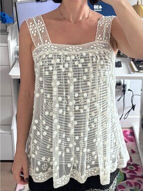 BCBGMaxAzria White Sheer Polka Dot Lace Tank with Black Trim